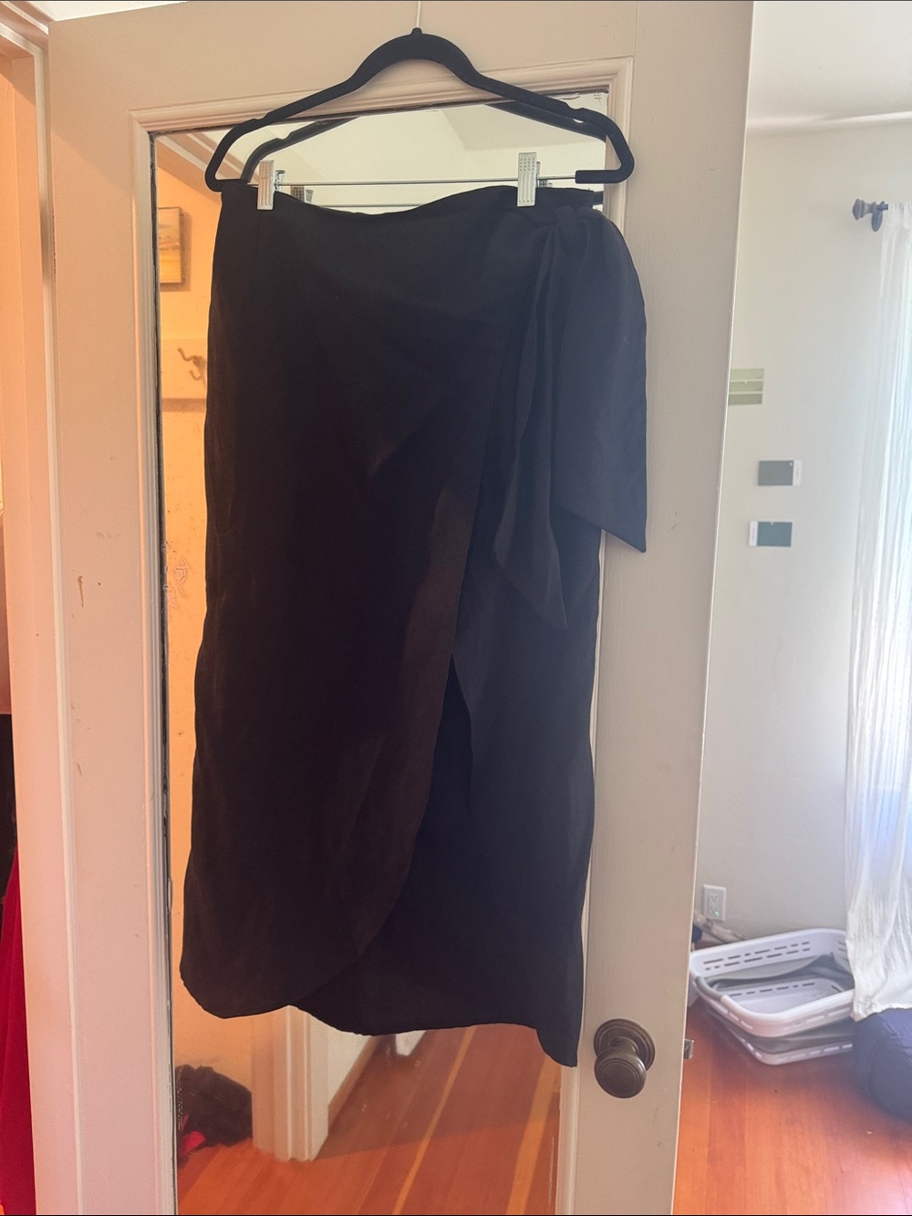 Reformation Black Wrap High-Low Midi Skirt with Side Tie